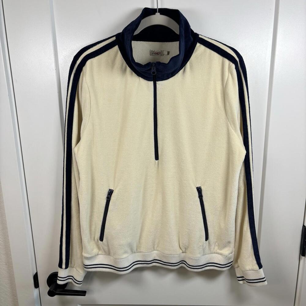 Faherty Richie Velour Velvet Cream & Navy Blue Quarter Zip Women’s Size Large